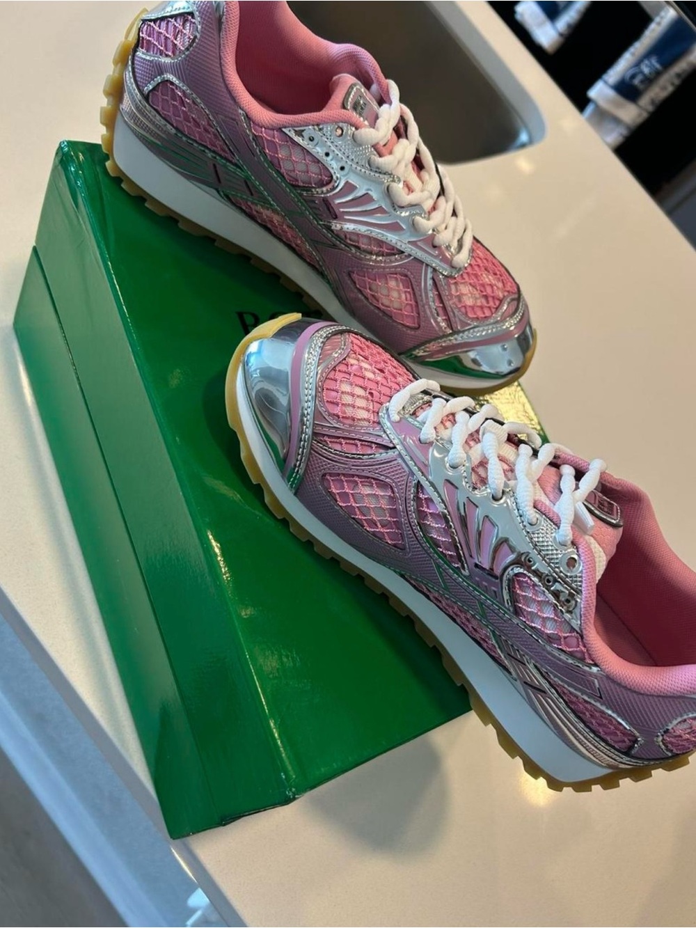 Bottega Veneta Pink Metallic Mesh Sneakers with White Laces - Picture 2 of 5